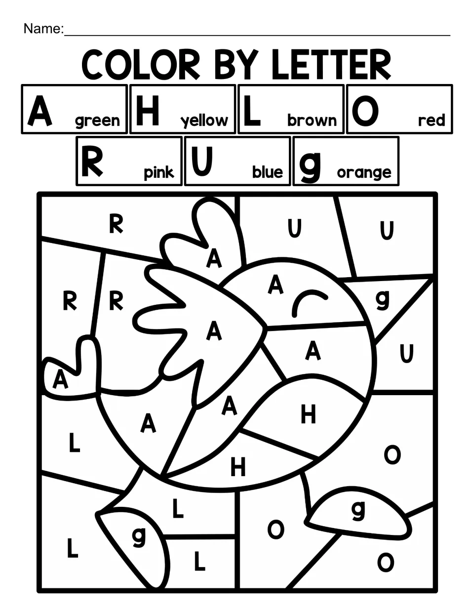 Bird alphabet coloring worksheet 8: a bird coded with A, H, L, O, R, U, and lowercase g for orange