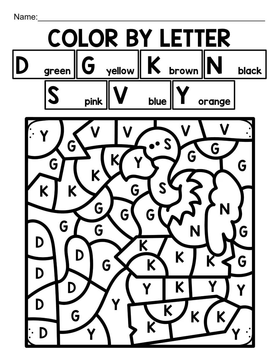 Bird alphabet coloring worksheet 9: a vulture coded with D, G, K, N, S, V, and Y, including S for pink