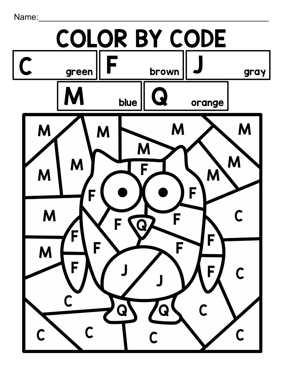 Bird alphabet coloring worksheet 10: an owl coded with C, F, J, M, and Q, including F for brown