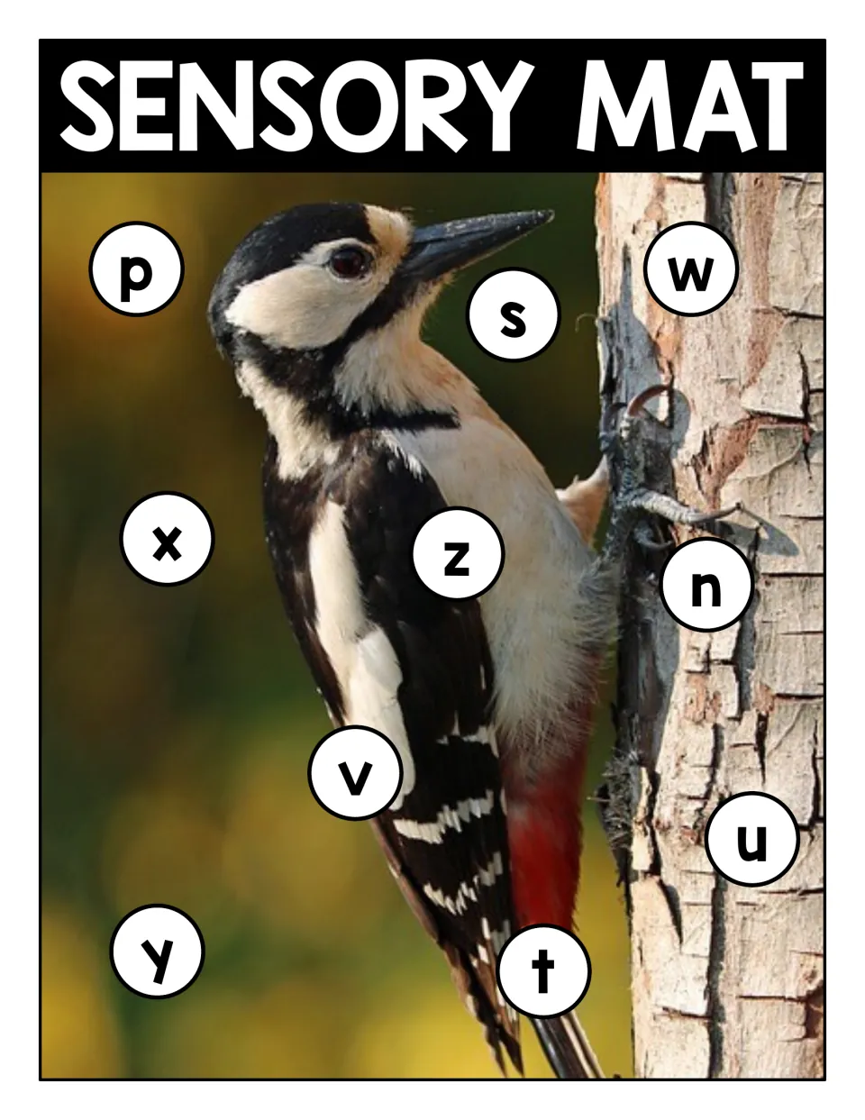 Sensory mat: woodpecker on a tree trunk with circled lowercase p, w, s, x, z, n, v, u, y and t to find and name