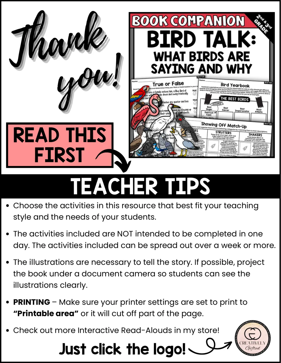 Teacher tips for the book companion cover activity selection, pacing, showing illustrations, and printing.