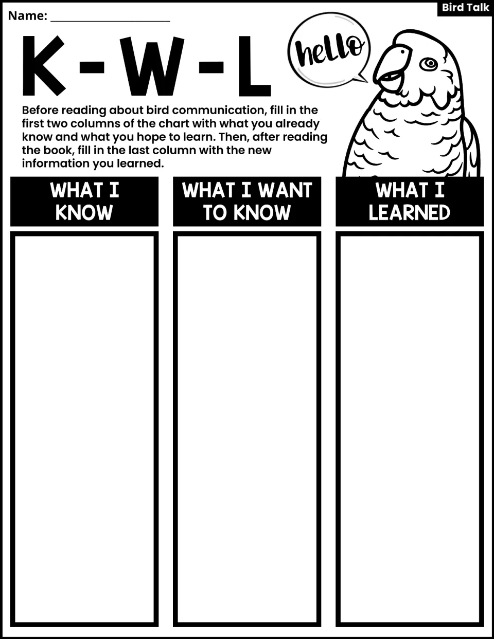 K-W-L activity asks what students know, want to know, and learned about bird communication before and after reading.