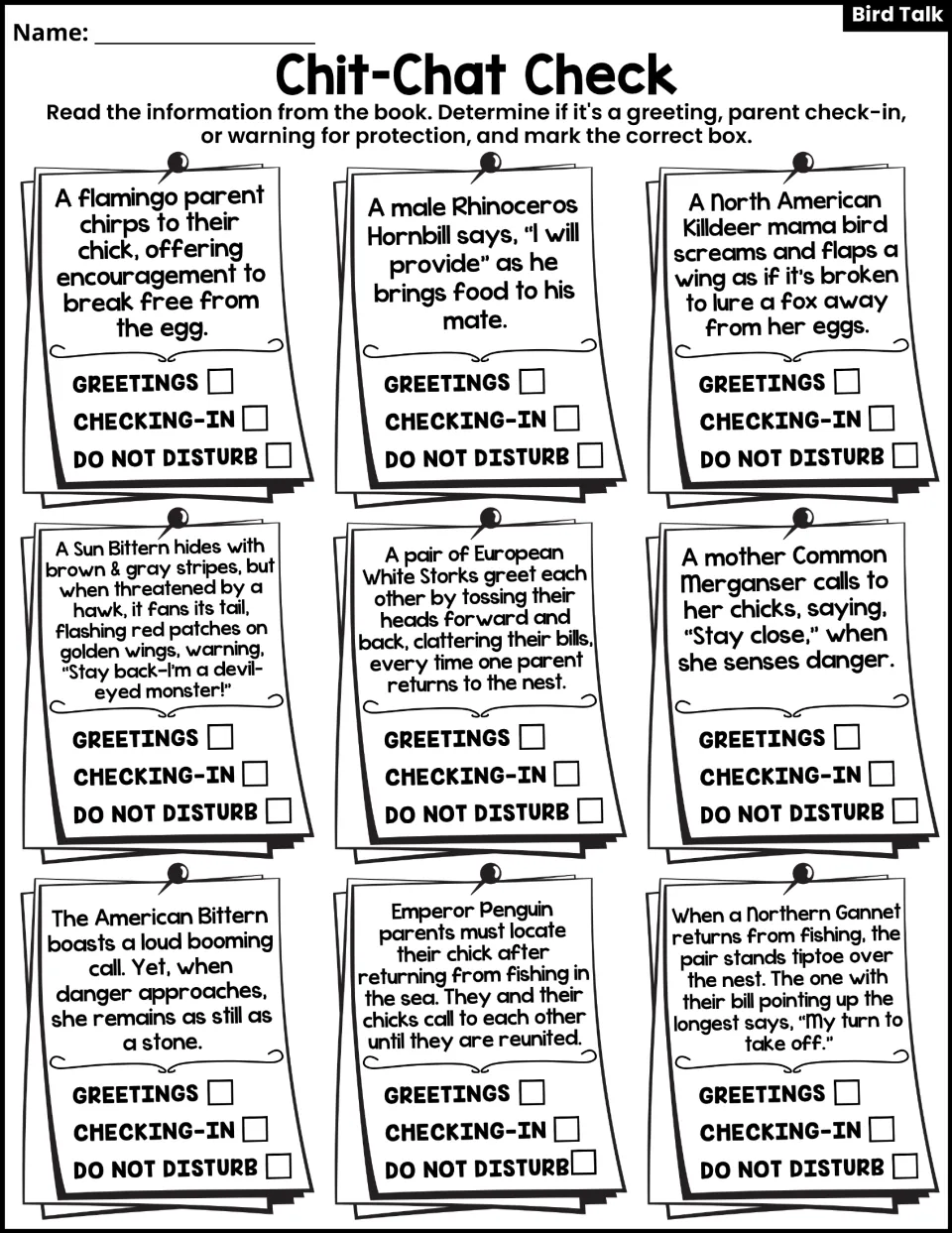 Chit-Chat Check asks students to classify nine bird behaviors as greetings, checking-in, or do not disturb.