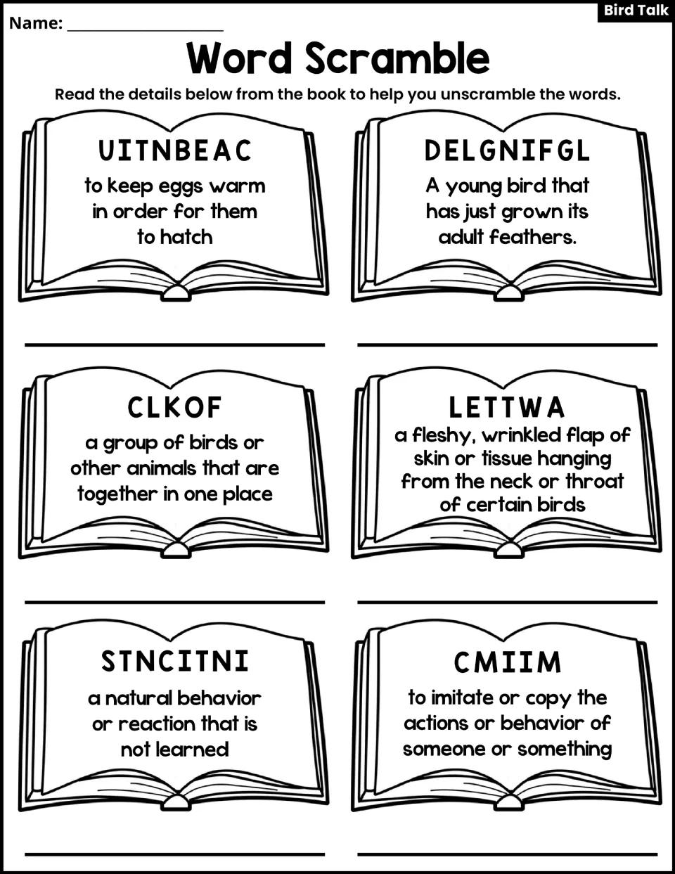Word Scramble activity gives six definition clues about keeping eggs warm, young birds, flocks, and more.