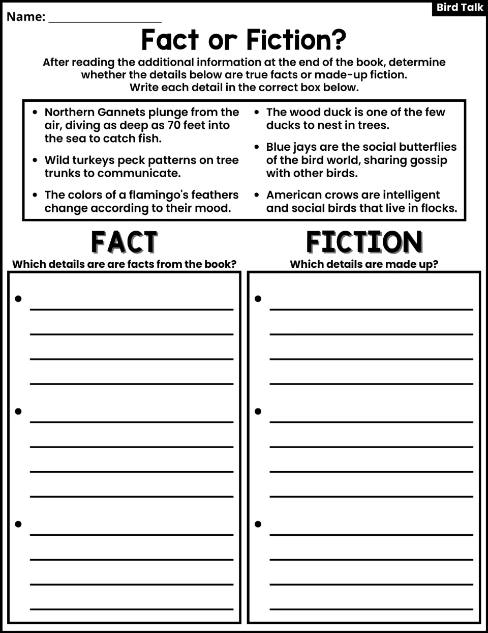 Fact or Fiction activity asks students to sort six bird claims using the additional information at the book's end.