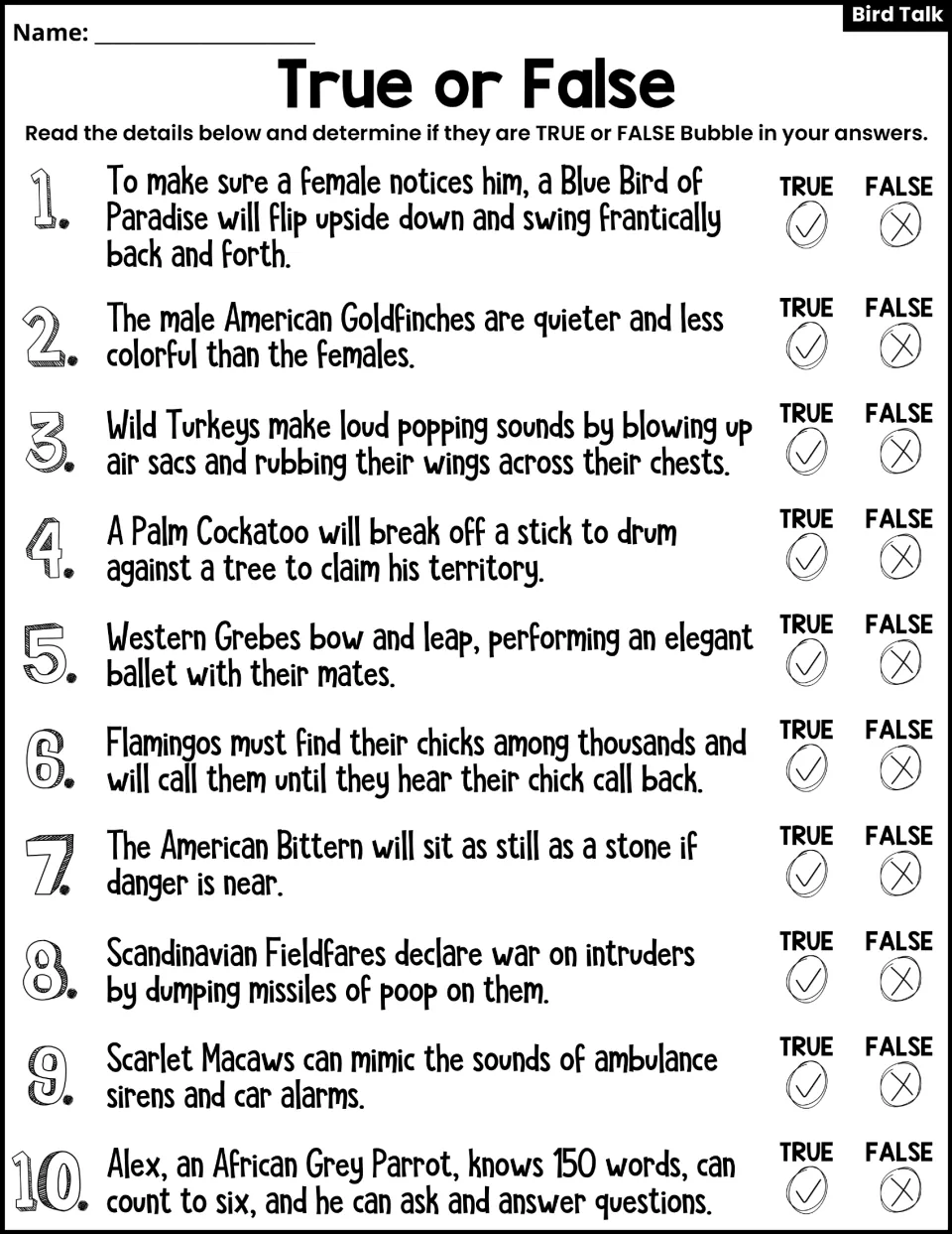 True or False activity presents ten bird statements about displays, calls, protection, mimicry, and more.