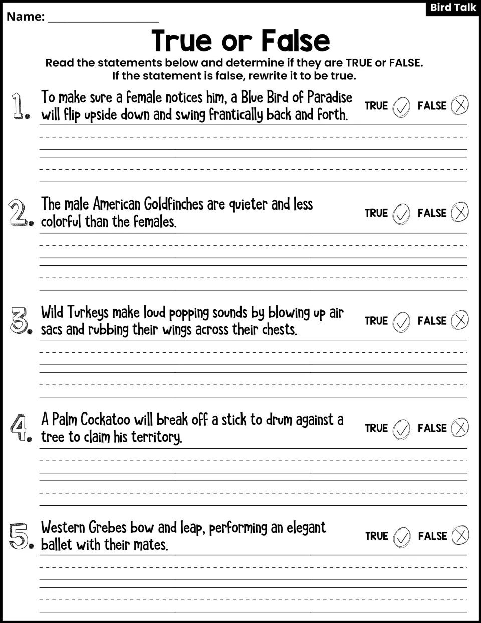 True or False correction activity presents statements 1–5 about bird displays and asks students to fix false claims.