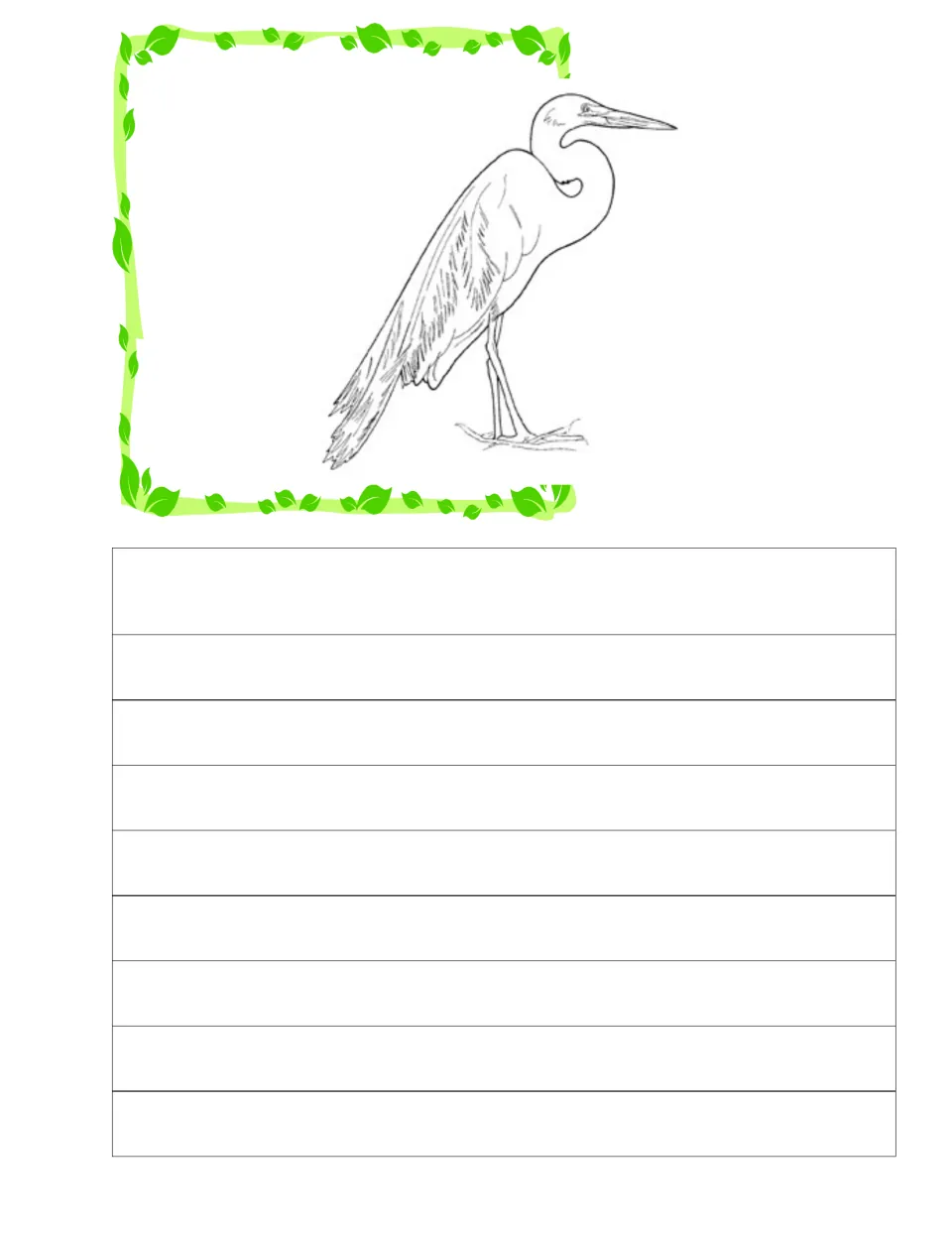 First journal and copywork page featuring a long-legged bird standing with its neck curved and beak extended