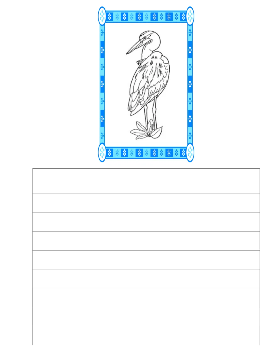 Second journal and copywork page featuring a standing bird with a pointed beak and layered wing feathers