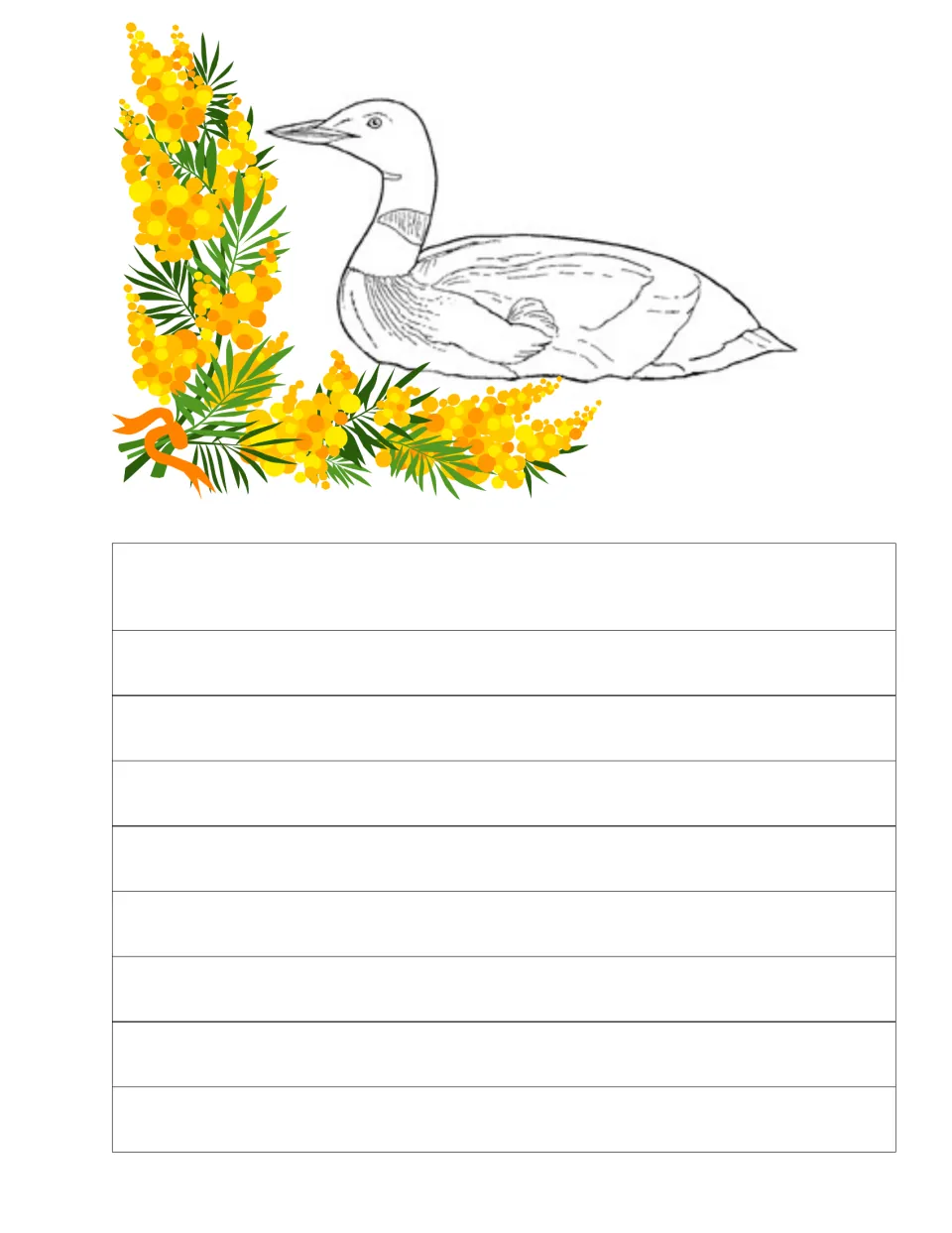 Fourth journal and copywork page featuring a swimming bird with a long pointed beak and patterned neck