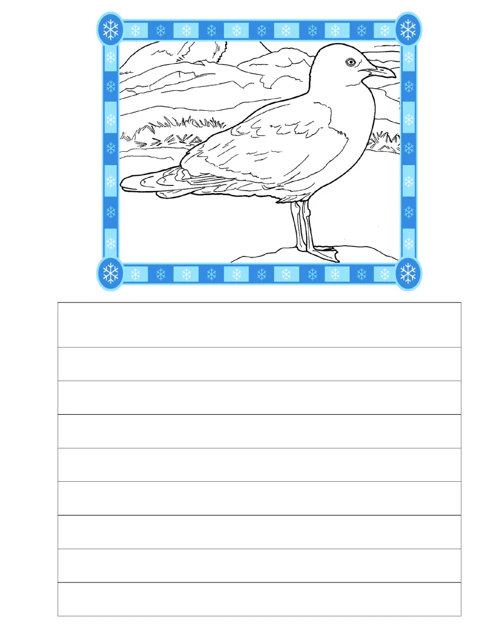 Fifth journal and copywork page featuring a gull standing on a rock with a rocky landscape behind it