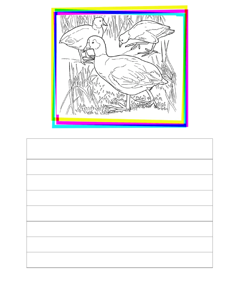 Sixth journal and copywork page featuring three birds among tall grasses, including one bending its head