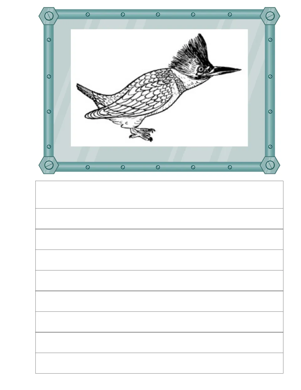 Seventh journal and copywork page featuring a crested bird with a long pointed beak and patterned wings