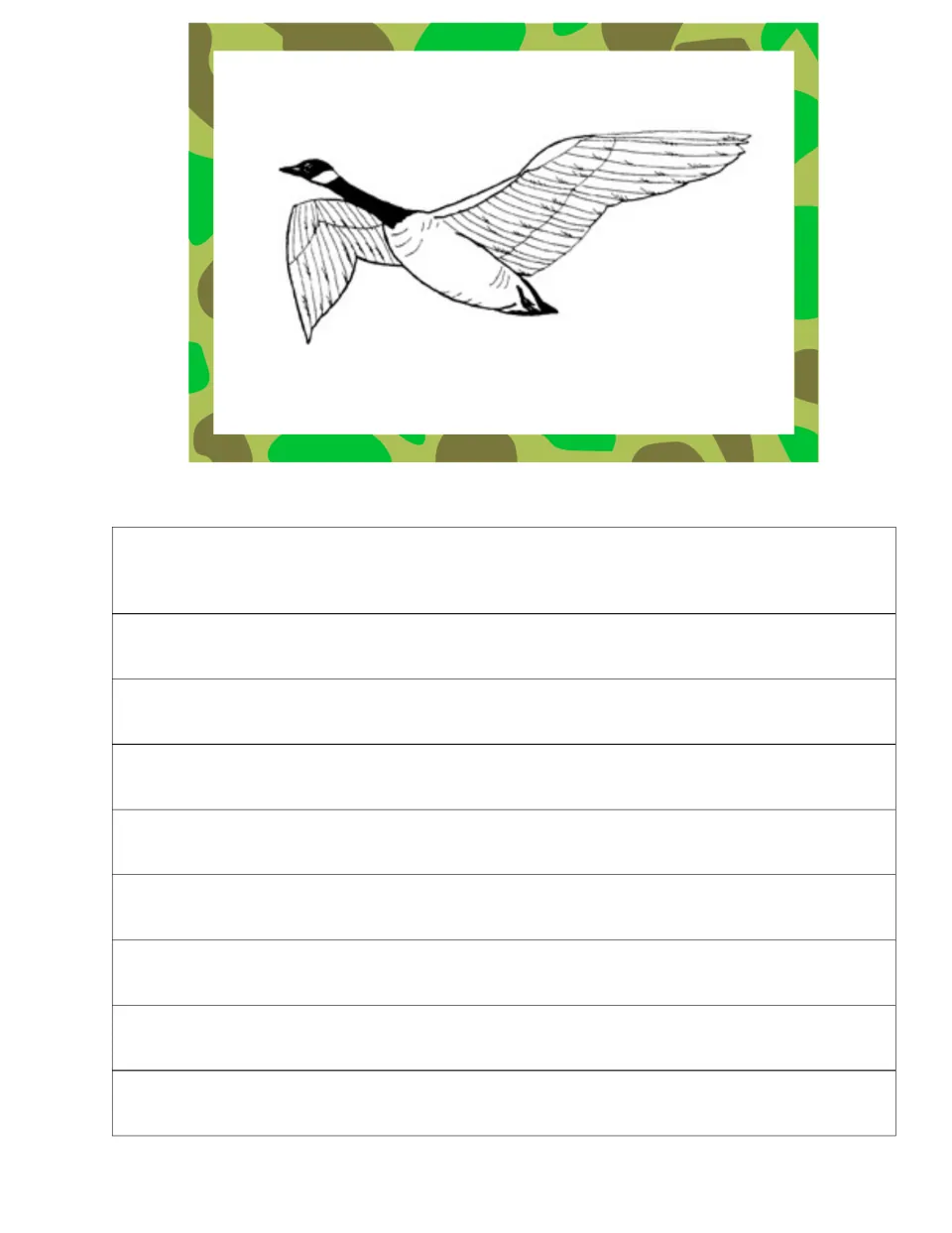 Eighth journal and copywork page featuring a flying goose with outstretched wings and a dark neck