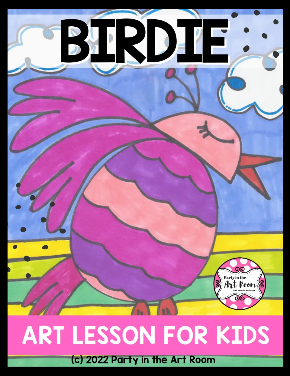 Birdie cover for an art lesson for kids: a marker-colored pink and purple striped bird under clouds on yellow-green ground