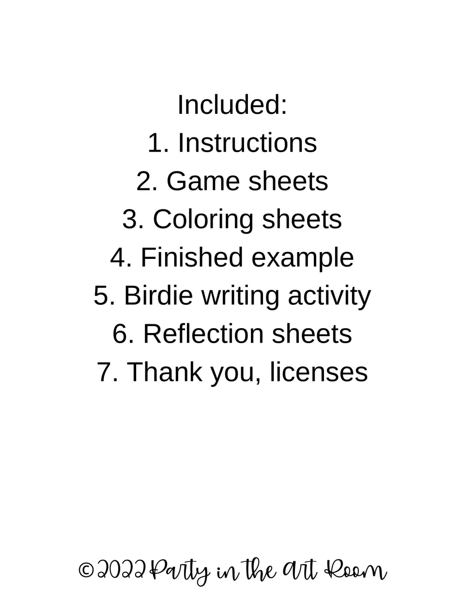 Contents list: instructions, game and coloring sheets, a finished example, writing activity, reflection pages and licenses