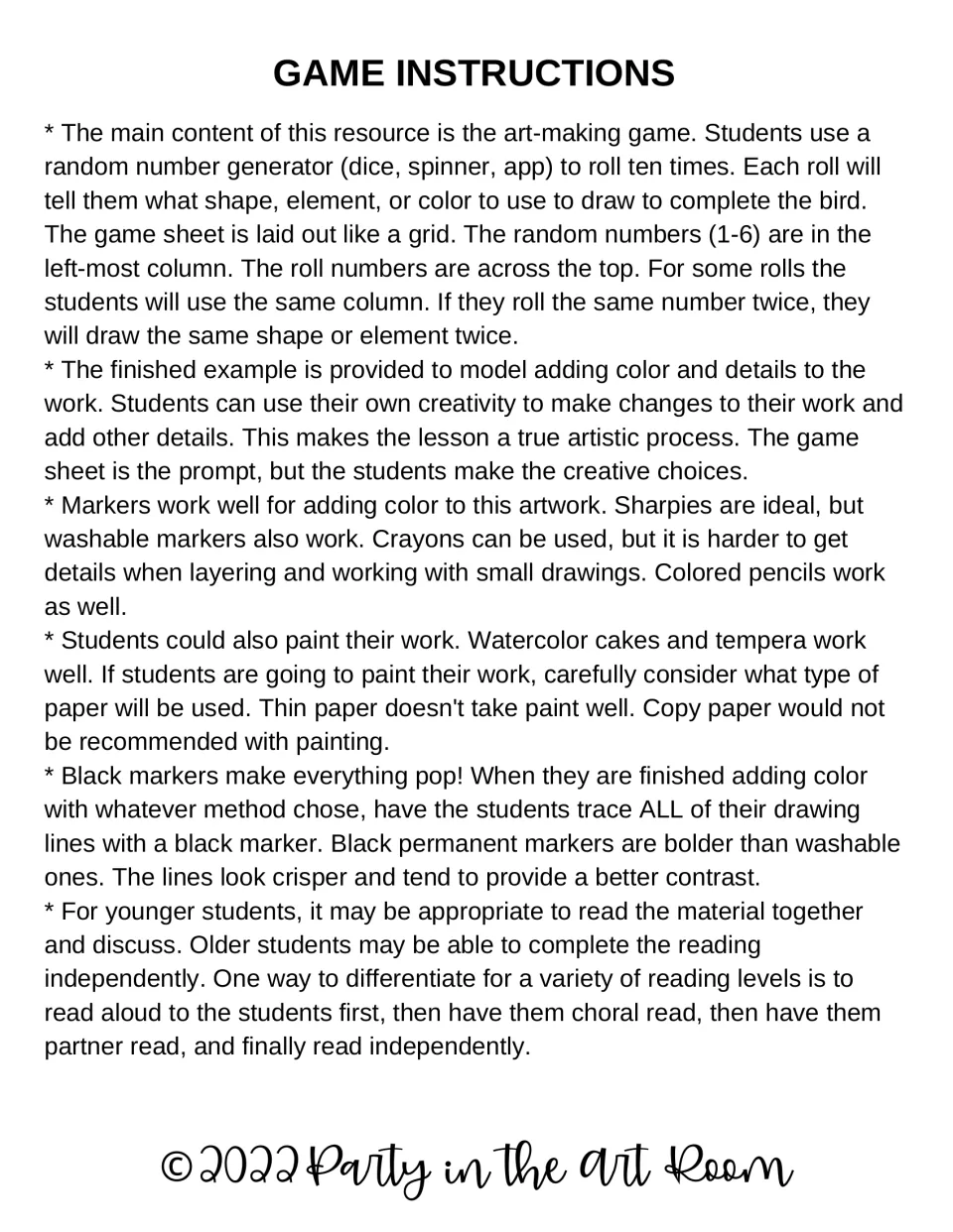 Game instructions: students roll a random number ten times to pick each bird part to draw, then color with markers or paint