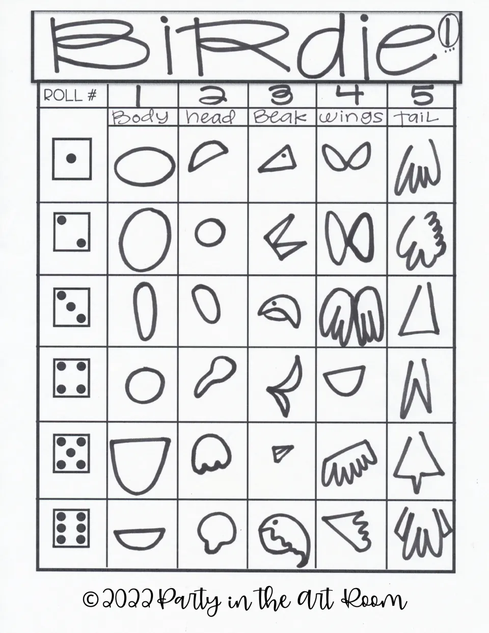 Roll-and-draw sheet 1: die faces 1 to 6 each match a drawn body, head, beak, wings and tail option for rolls 1 through 5
