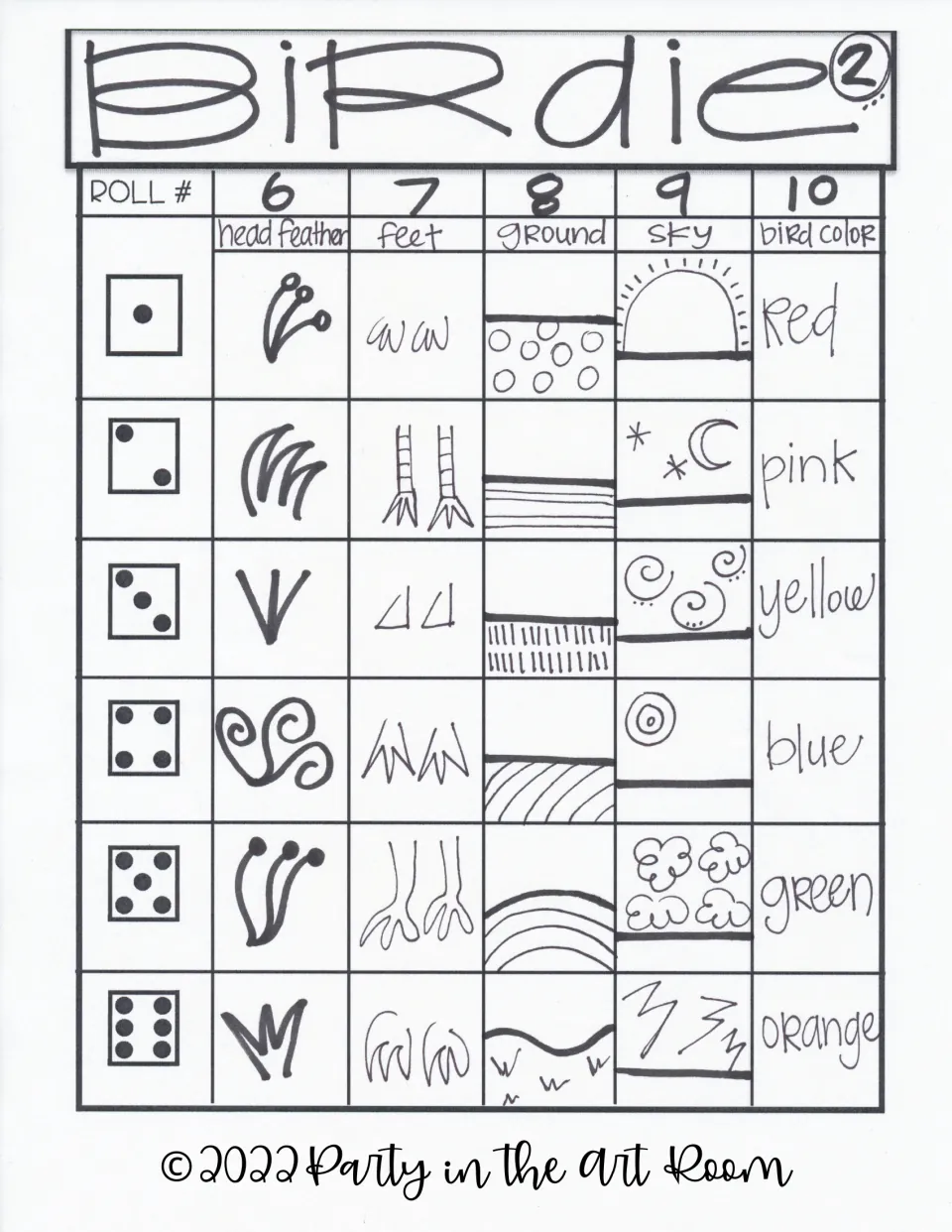 Roll-and-draw sheet 2: die faces pick head feathers, feet, ground, sky and bird color (red to orange) for rolls 6 to 10