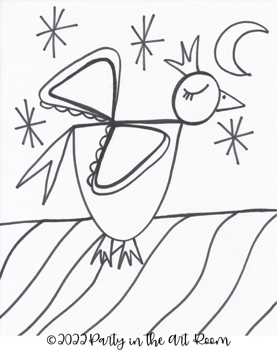 Coloring sheet: sleepy bird with a crown-shaped head feather and triangle wings under stars and a crescent moon