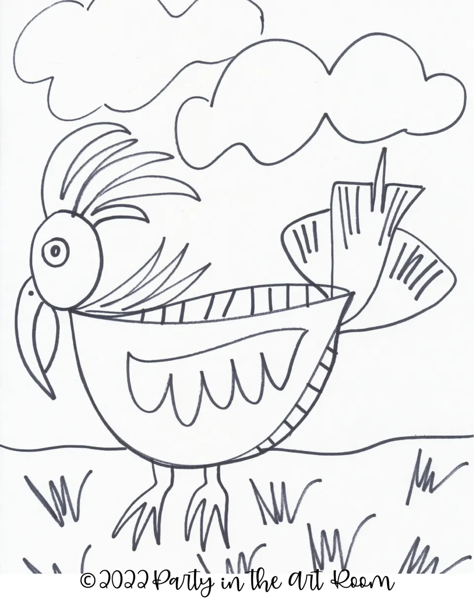 Coloring sheet of a round-eyed bird with spiky head feathers, a fanned tail, clouds overhead and grass tufts below