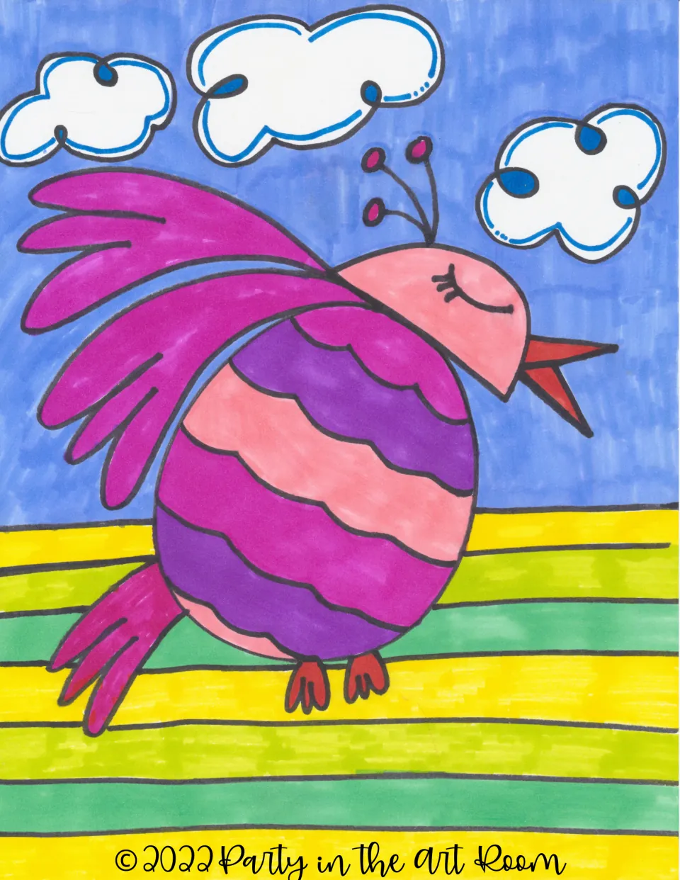 Finished example: marker-colored bird with pink and purple wavy stripes, magenta wings, blue sky, clouds and striped ground