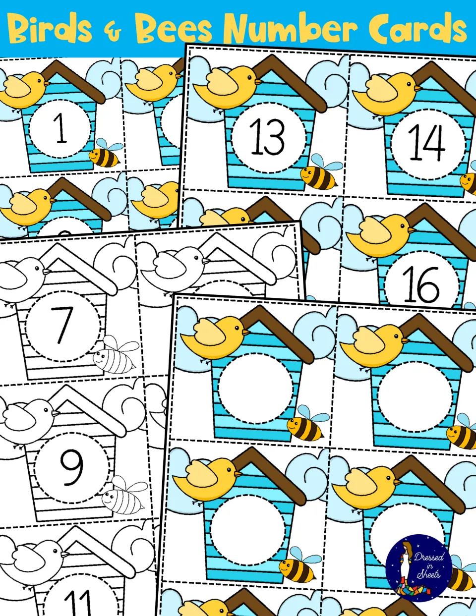 Birds & Bees Number Cards cover: birdhouse cards with a bird and bee, numbered, blank and black-and-white versions