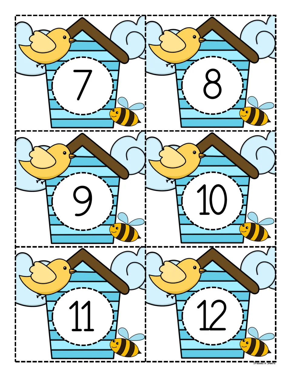 Number cards 7 to 12: color birdhouse cards with a bird and bee, one numeral each, for recognizing and ordering numbers