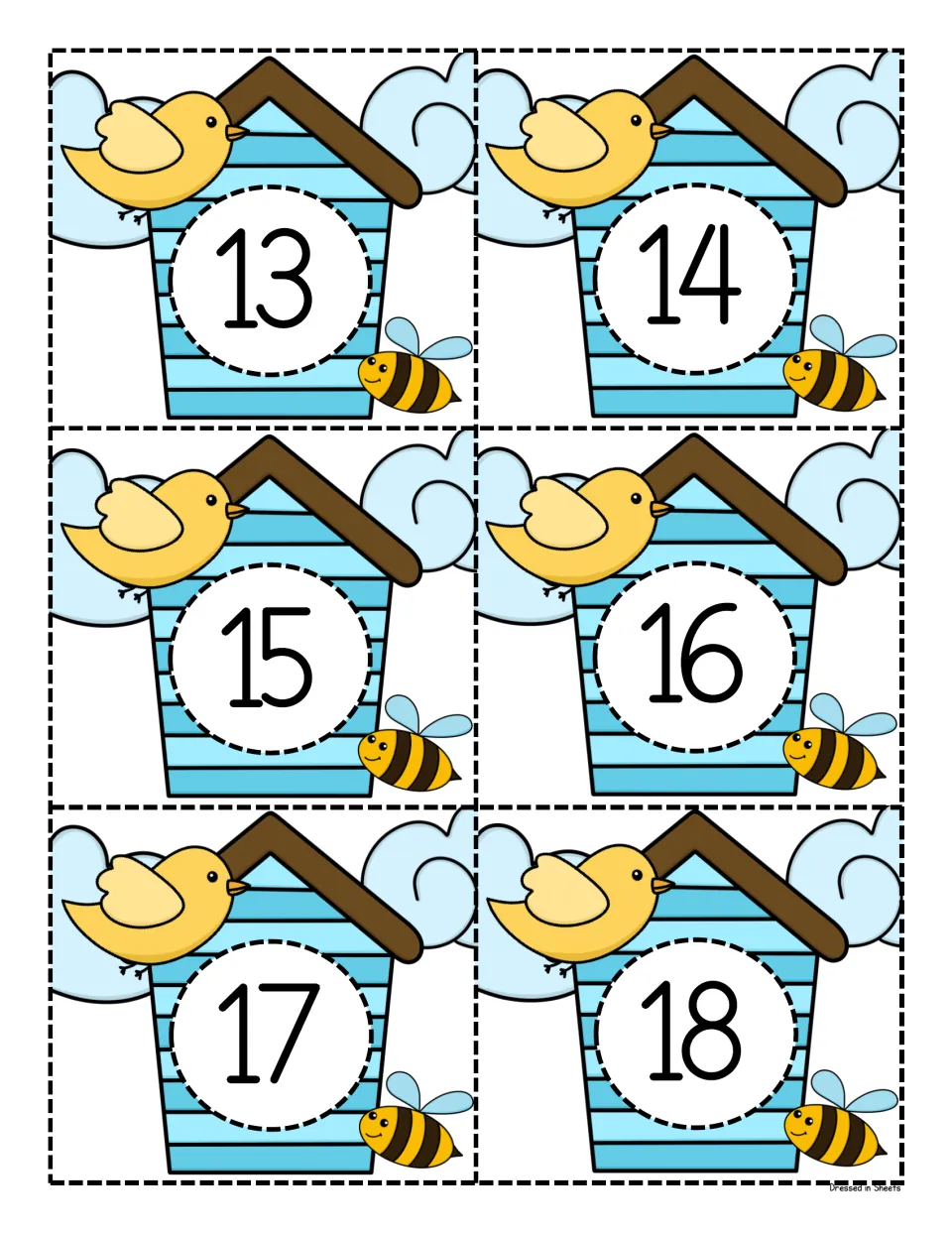 Number cards 13 to 18: color birdhouse cards showing teen numbers, one per card, for teen-number recognition practice