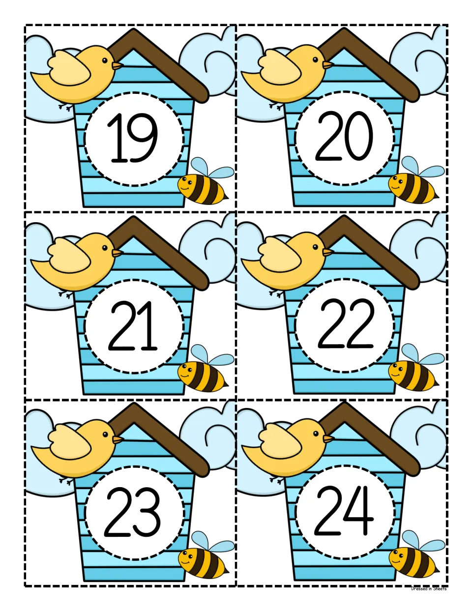 Number cards 19 to 24: color birdhouse cards with a bird and bee, one numeral each, for reading numbers past twenty