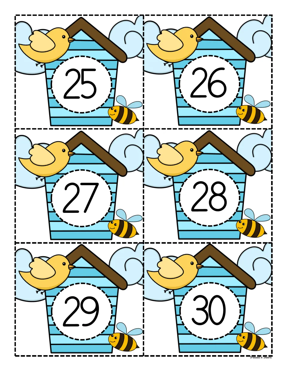 Number cards 25 to 30: color birdhouse cards with a bird and bee, one numeral each, completing a count to thirty