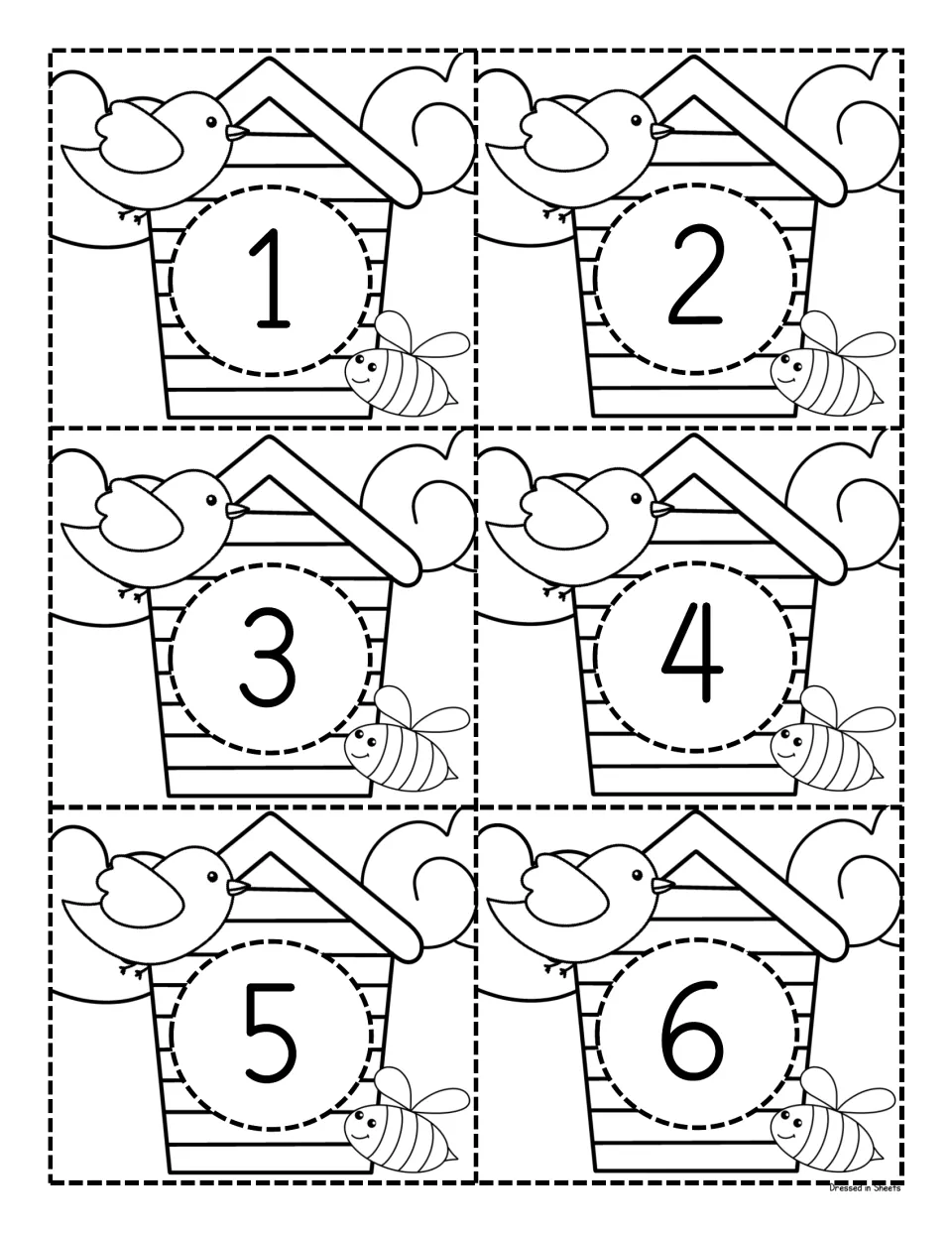 Black-and-white number cards 1 to 6: birdhouse outlines with a bird and bee for students to color