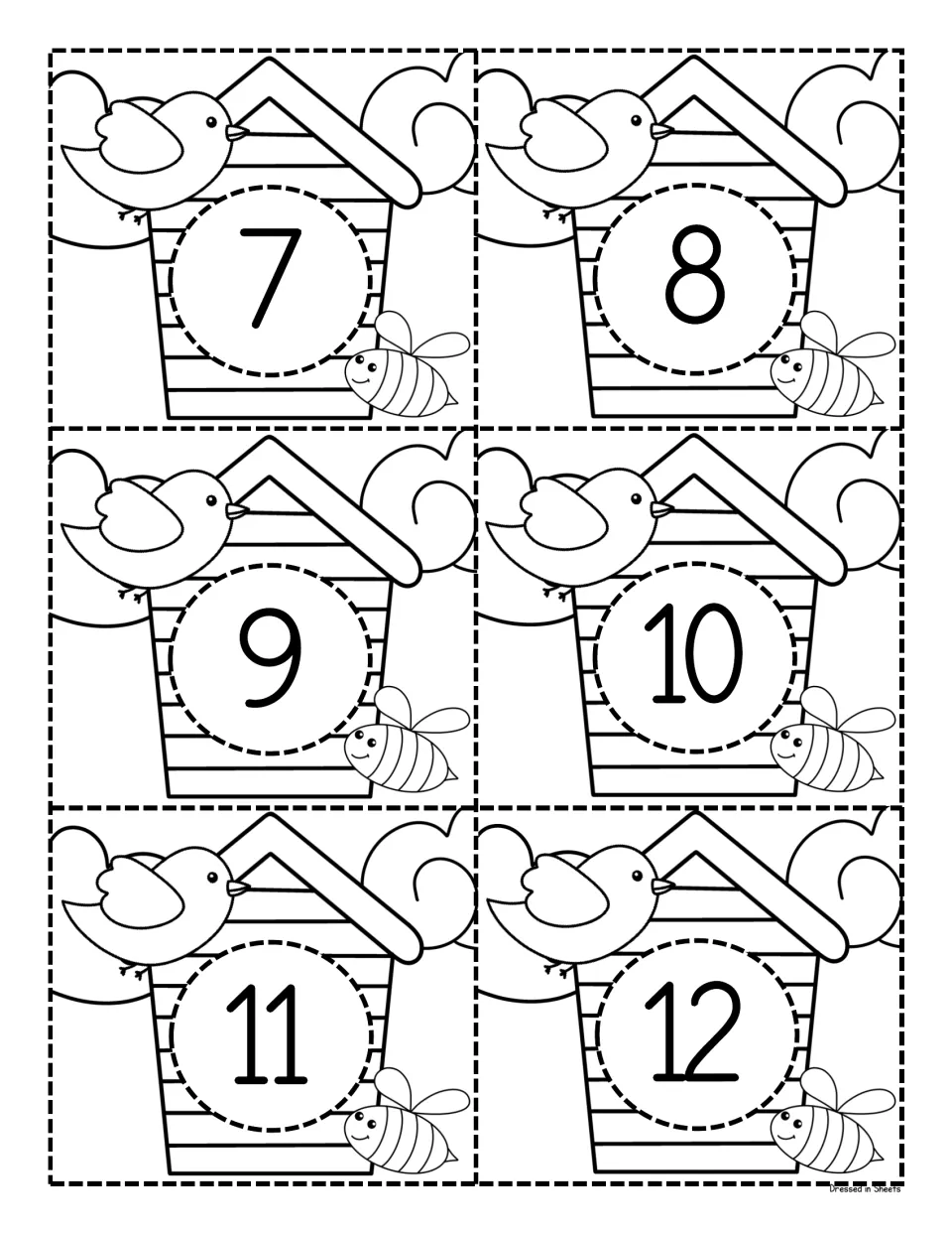 Black-and-white number cards 7 to 12: birdhouse outlines to color, each card showing one numeral for number recognition