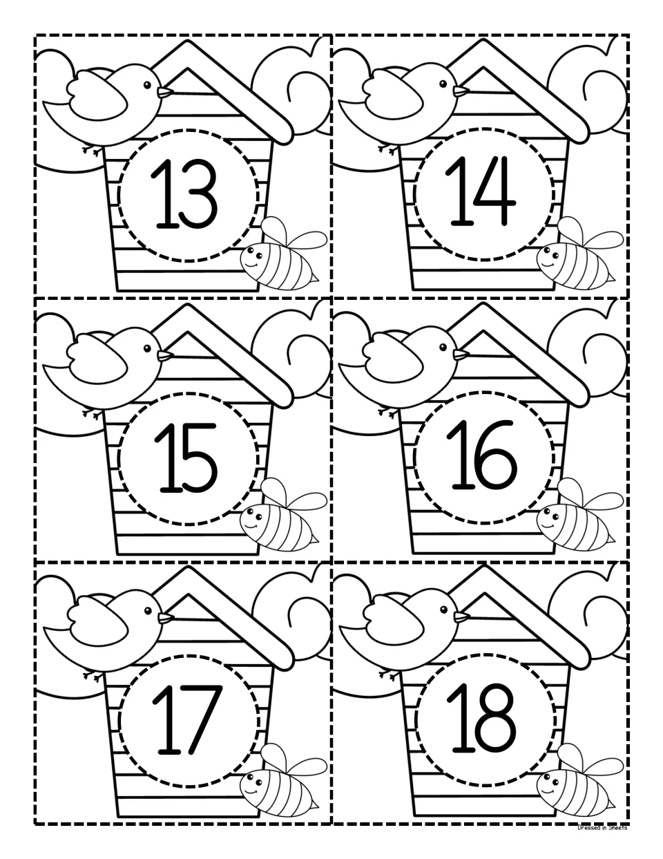 Black-and-white number cards 13 to 18: teen numerals on birdhouse outlines with a bird and bee for students to color