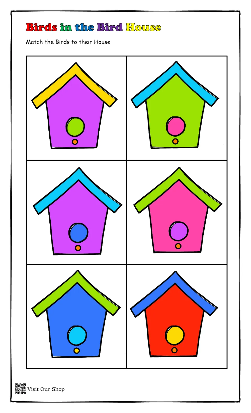 Bird house set 2: six houses including purple with yellow roof and red with blue roof, for matching birds by their colors