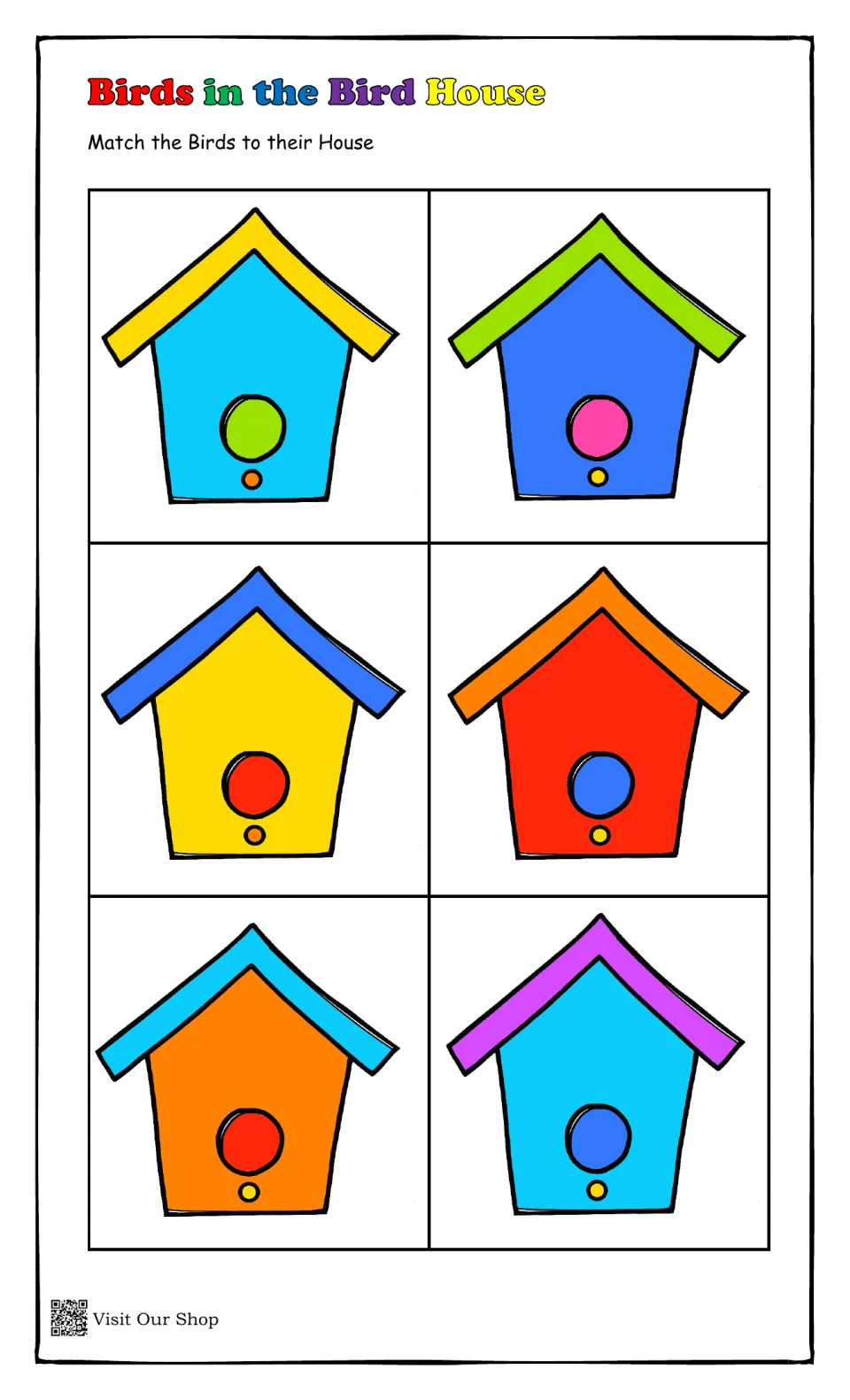 Bird house set 3: six houses including light blue with yellow roof and orange with blue roof, for color pattern matching