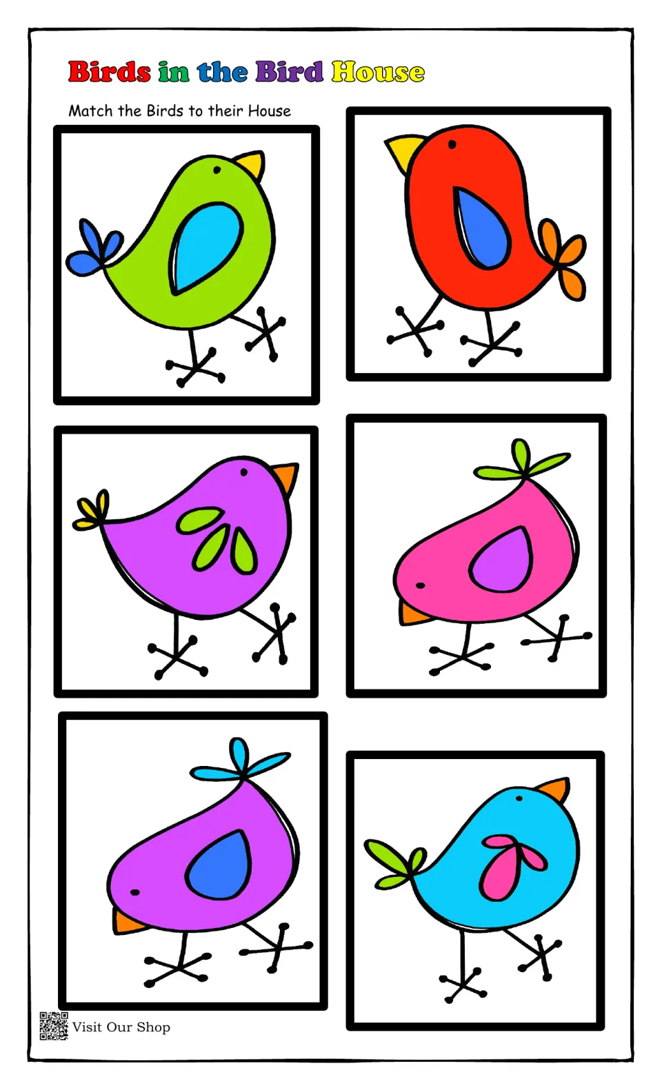 Bird cards 1: six colorful birds, such as green with blue wing, that children match to the house with the same colors