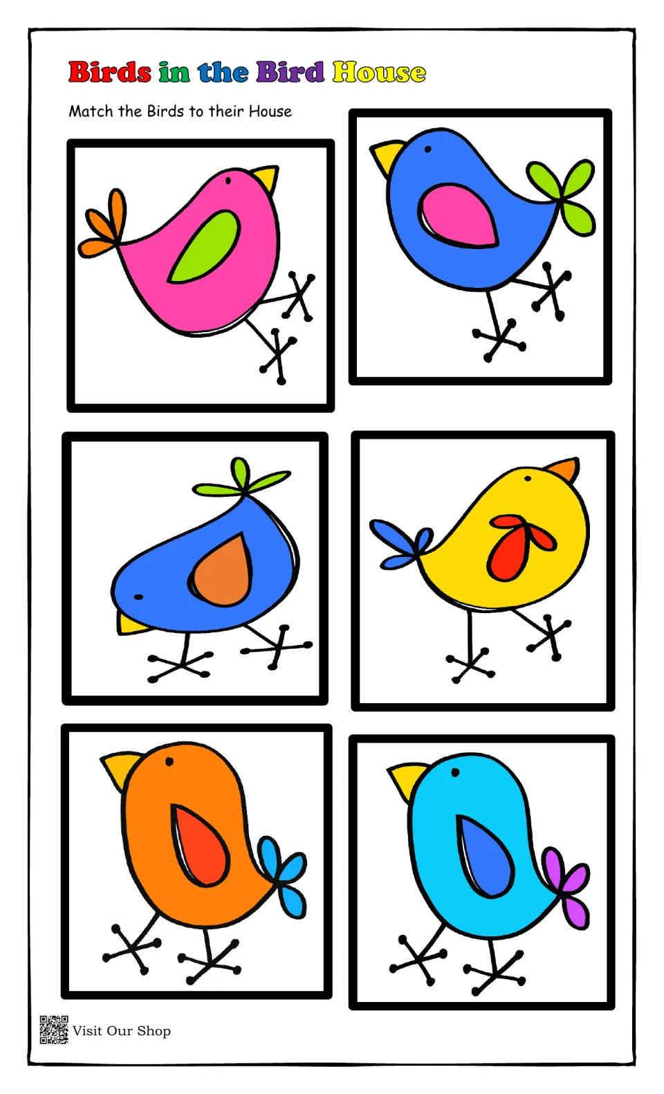 Bird cards 2: six birds including pink with green wing and yellow with red wing, each matched to its same-colored house