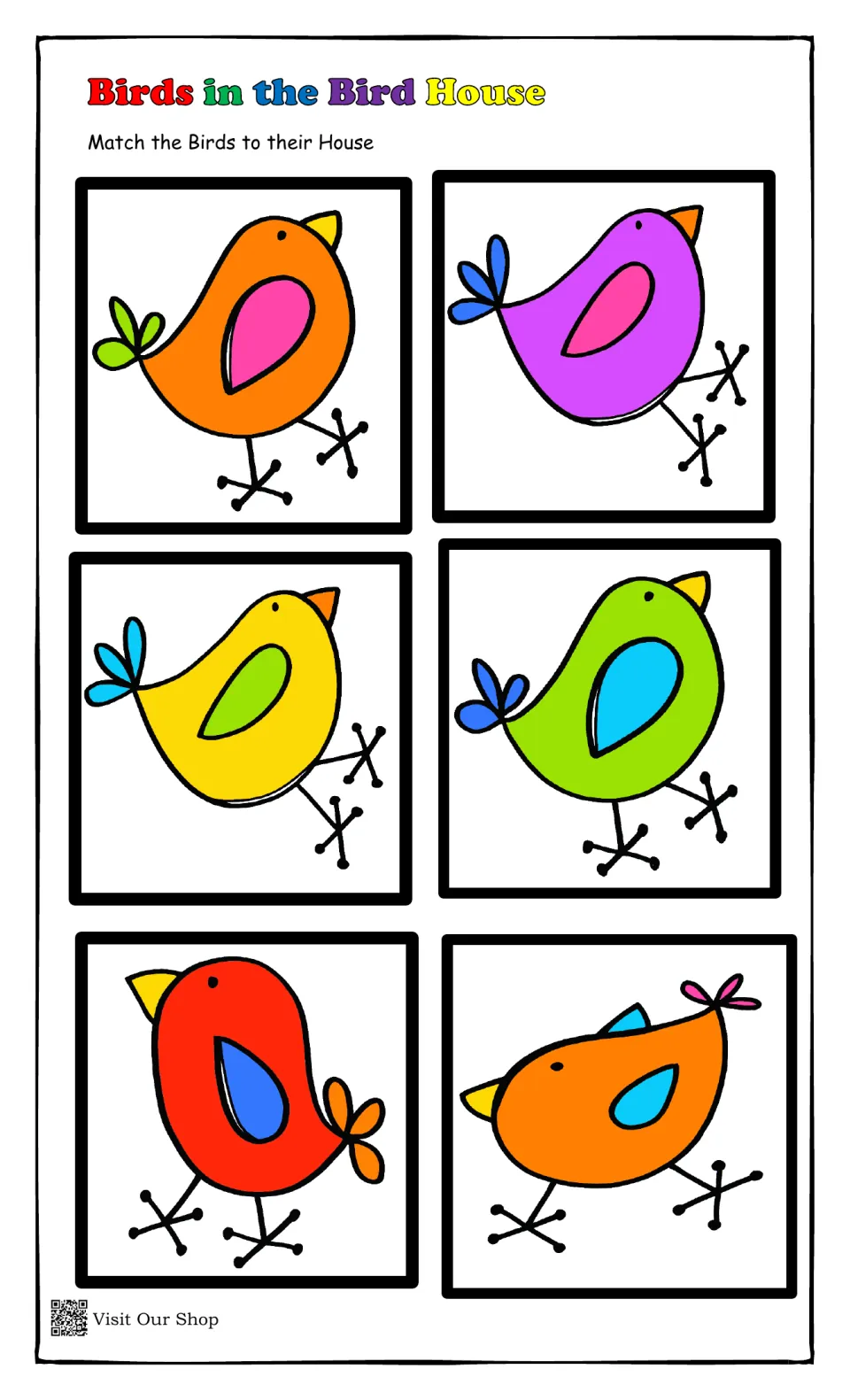 Bird cards 3: six birds including orange with pink wing and purple with blue tail, for children to match to a bird house