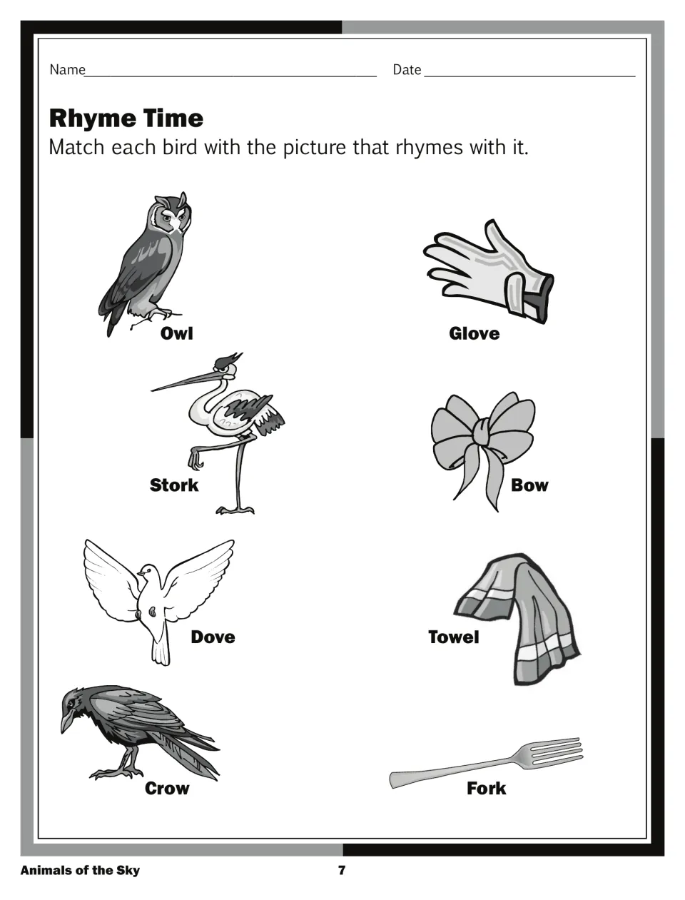 'Rhyme Time' matching: pair owl, stork, dove, and crow with rhyming pictures towel, fork, glove, and bow