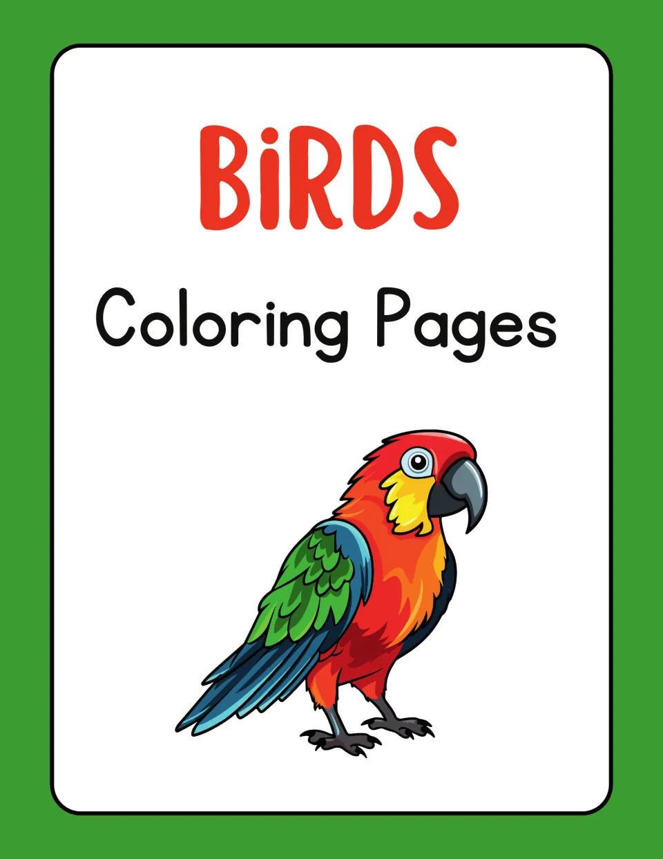 Cover of Birds Coloring Pages showing a full-color parrot with red, yellow, green and blue feathers below the title