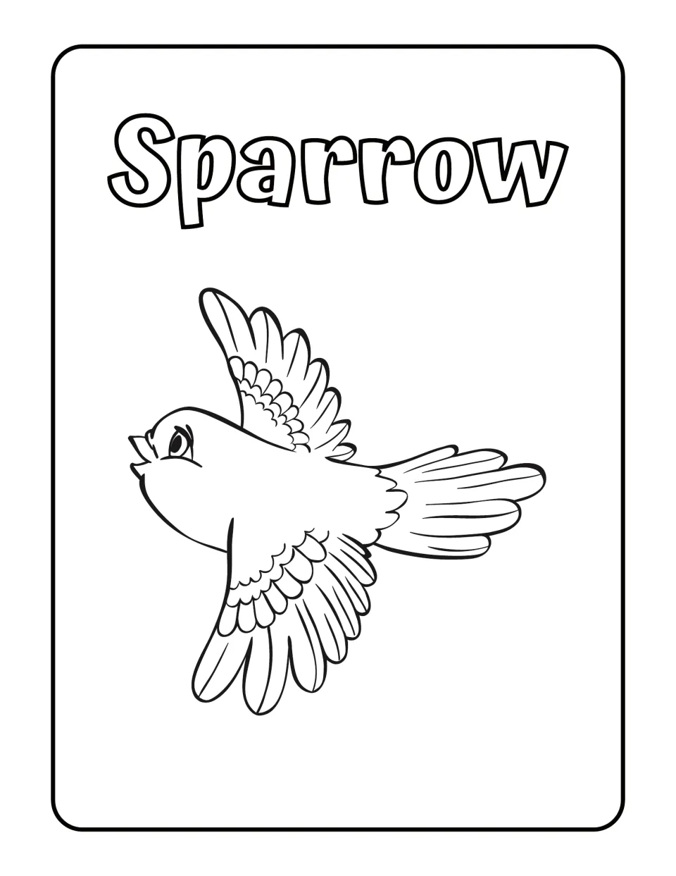 Sparrow: students color a line drawing of a small sparrow in flight with wings spread wide, under its outlined name