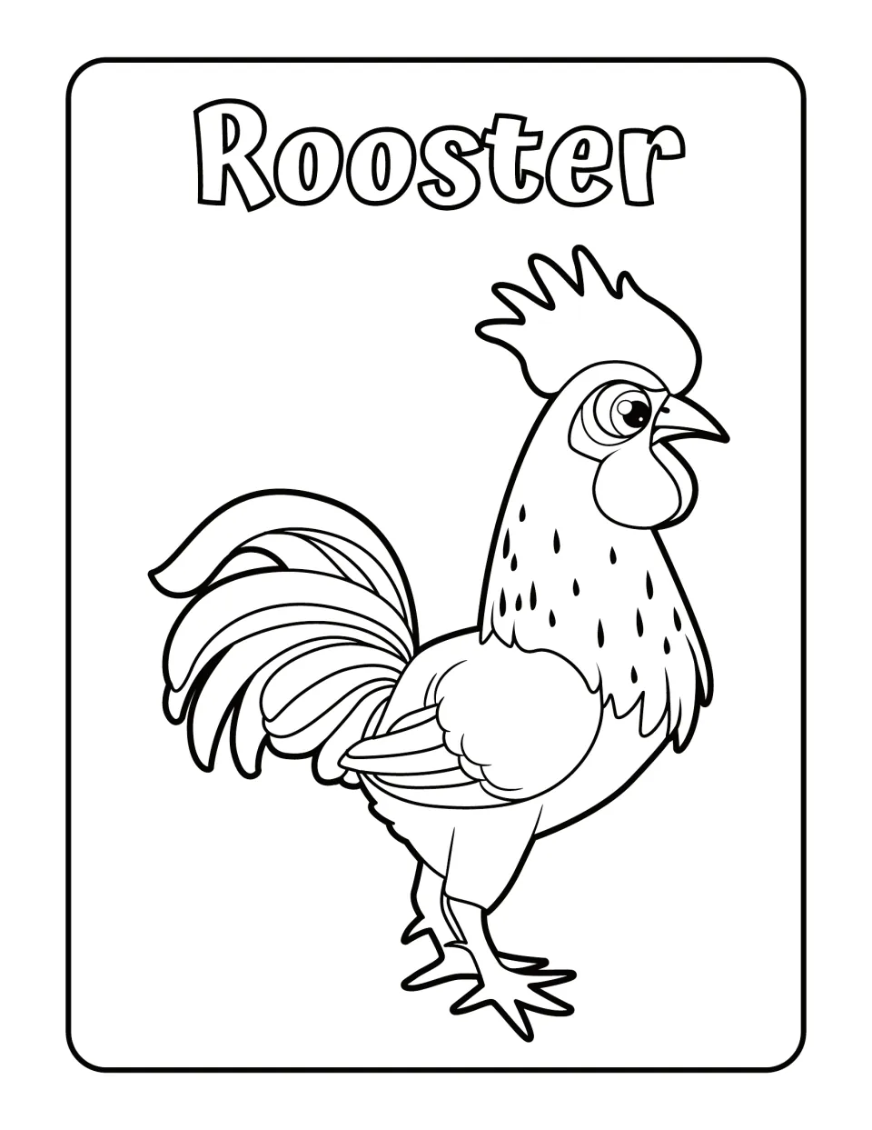 Rooster: students color a standing rooster with a tall comb, wattle and long curved tail feathers, labeled with its name