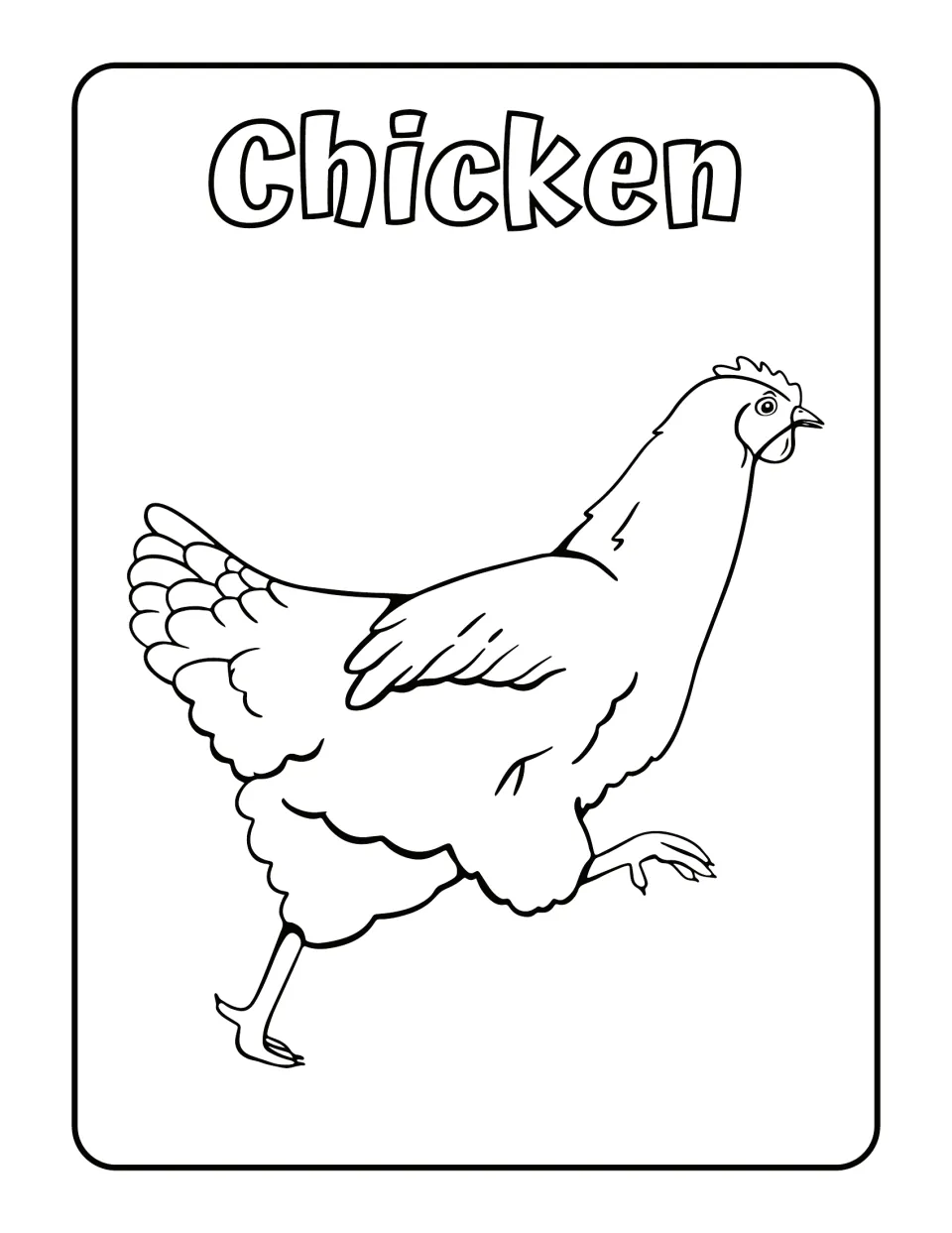 Chicken: students color a hen running with one foot raised and fluffy tail feathers, with the word Chicken to color above