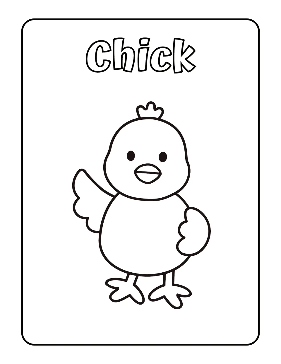Chick: students color a simple cartoon baby chick waving one wing, with large shapes and a bubble-letter label to fill in
