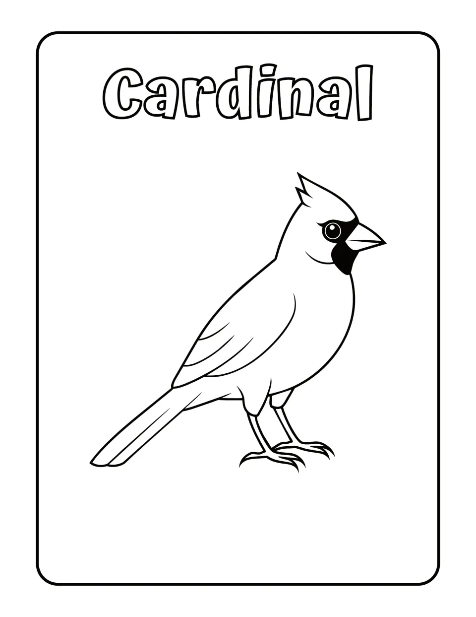Cardinal: students color a perched cardinal showing its crest, thick beak and dark face mask, named in bubble letters