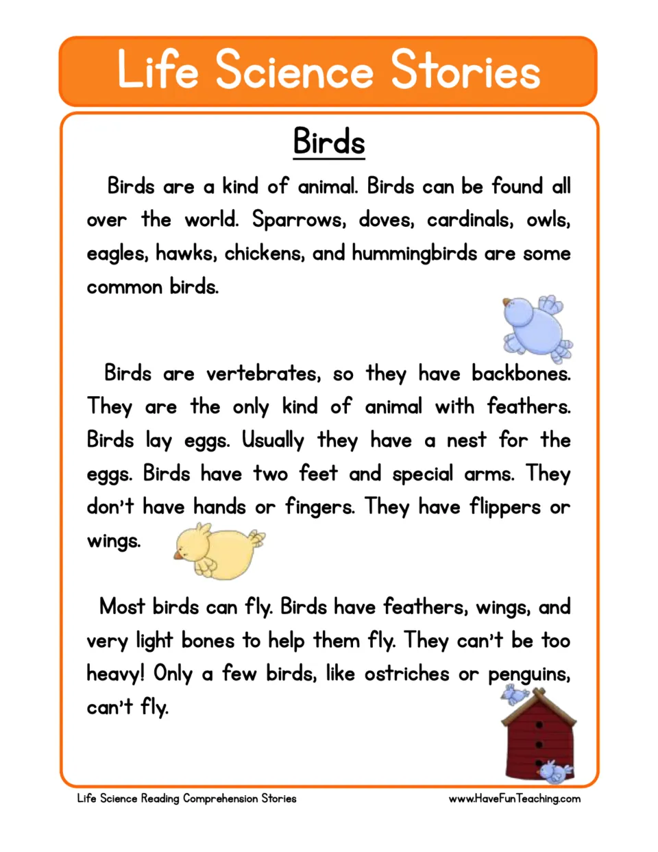 Reading passage about birds: common species, feathers, backbones, eggs, wings, and birds that cannot fly.
