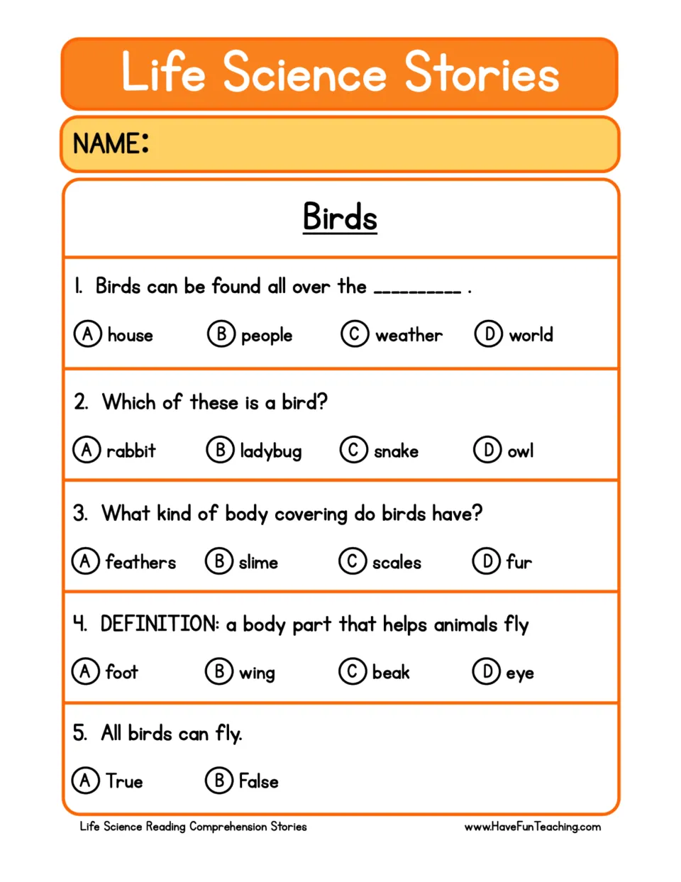 Five comprehension questions about birds covering where they live, identification, feathers, wings, and flight.