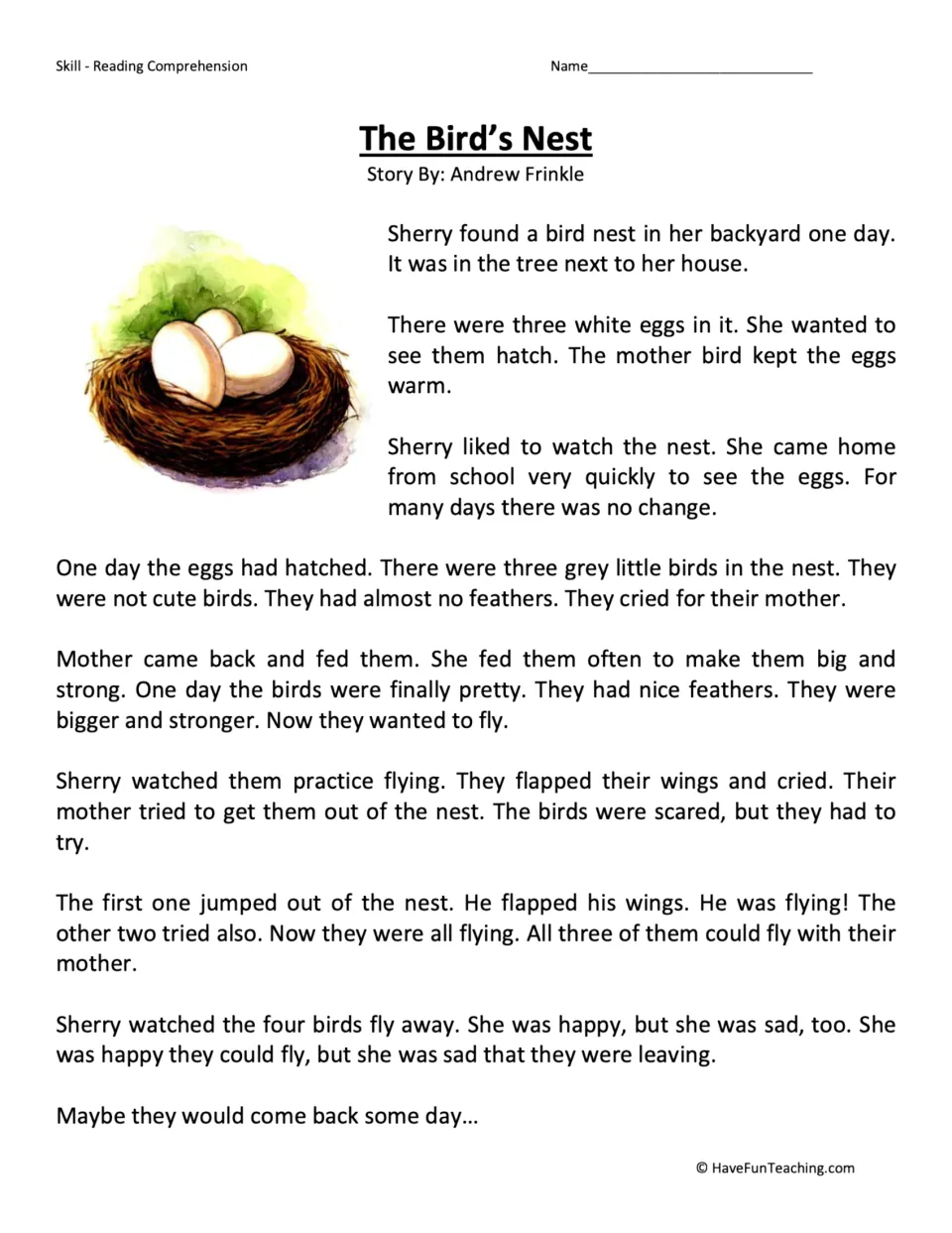 Reading passage about Sherry watching three eggs hatch and the young birds learn to fly from their nest.