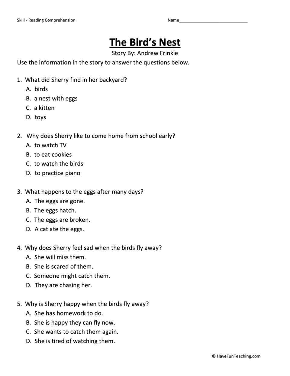 Five multiple-choice questions about Sherry finding a nest, eggs hatching, and her feelings as birds leave.